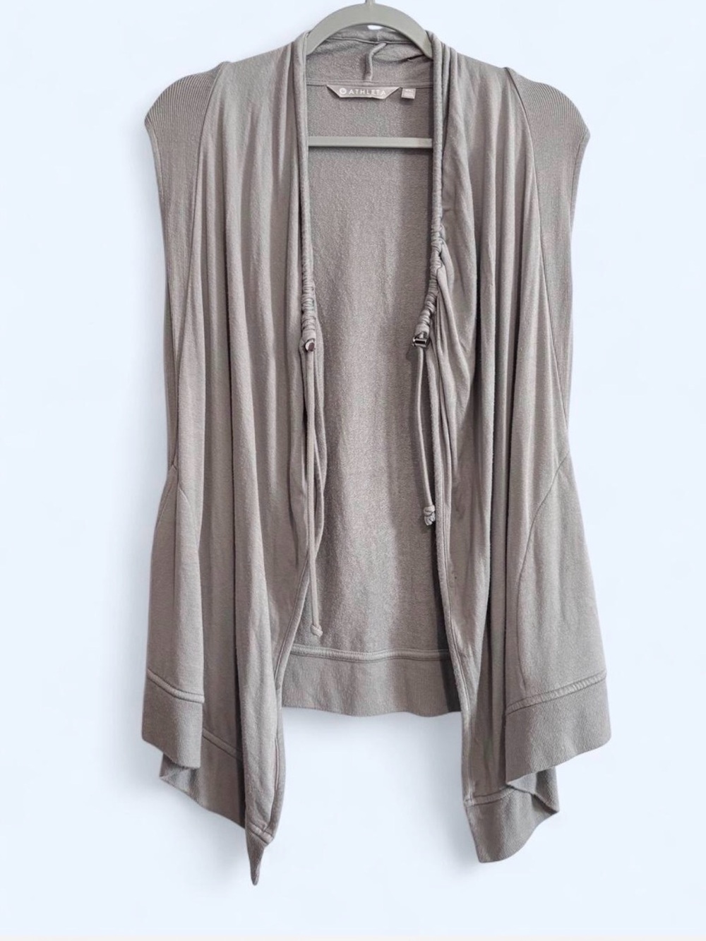 Athleta Light Gray Draped Open-Front Cardigan Vest with Drawstring